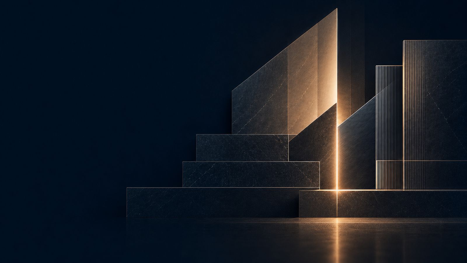 Stepped stone volumes rising toward a seam of golden light.